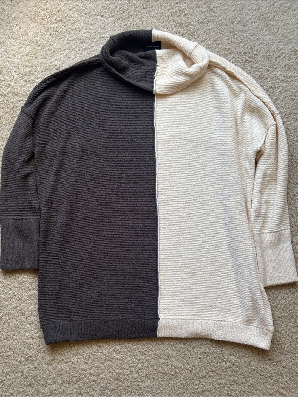 Miou Muse Two-Tone Black & Cream Cowl Neck Sweater - Split Panel